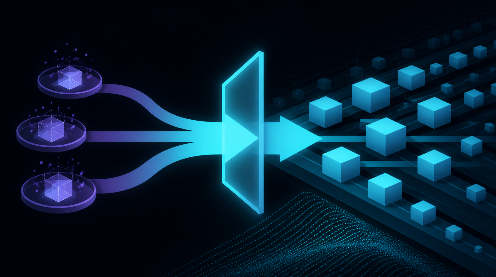 Three violet, glowing platforms on the left, each funneling through a bright cyan gate into an expanding grid of cyan cubes on a dark ground - isolated proofs converging into a single scaled production system.