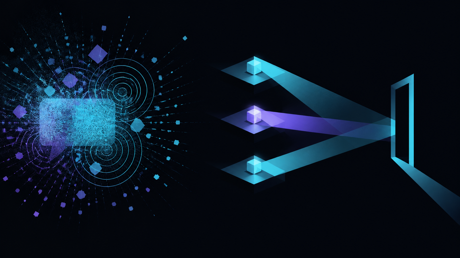 On the left, a translucent speech bubble shattering into scattered fragments inside concentric shockwave rings. On the right, three lit platforms each holding a solid cube, their beams converging through a narrow upright gate, on a near-black ground.
