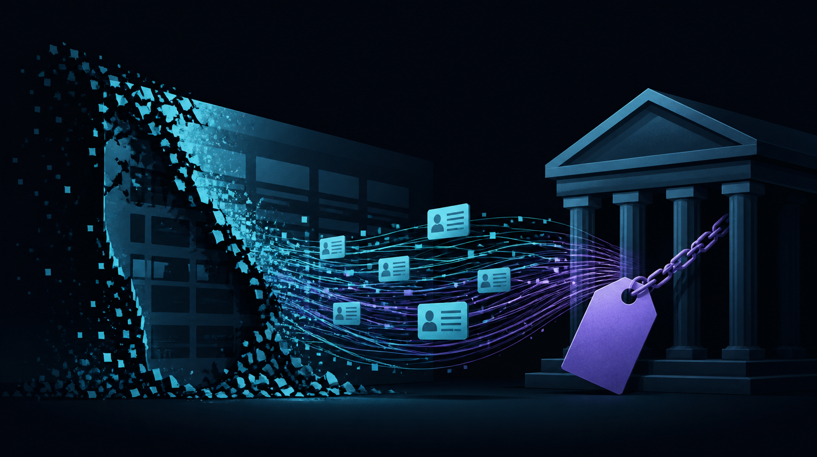A dark scene in cyan and violet. On the left, a large flat panel resembling a web page dissolves from its edge into a spray of small fragments. Streams of light carry rows of identity cards, each showing a generic person pictogram and lines of detail, rightward along fine filaments toward a classical bank building with a columned portico. A violet tag hangs on a heavy chain between the stream and the building.
