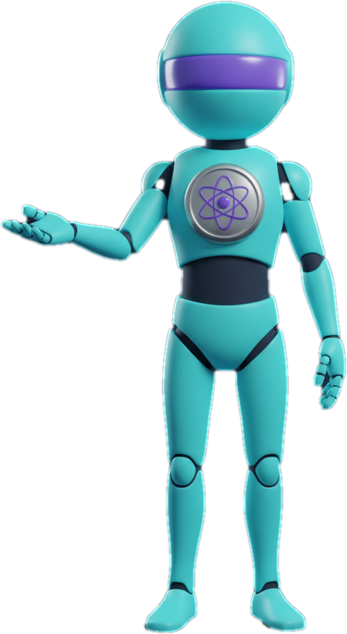 Tronny, a constructed figure with a rounded helmet, violet visor and an atom emblem on its chest, one hand extended palm up.
